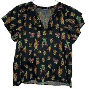 ModCloth L Womens Black Floral Peasant Top Short Sleeve 100% Cotton Ruffle